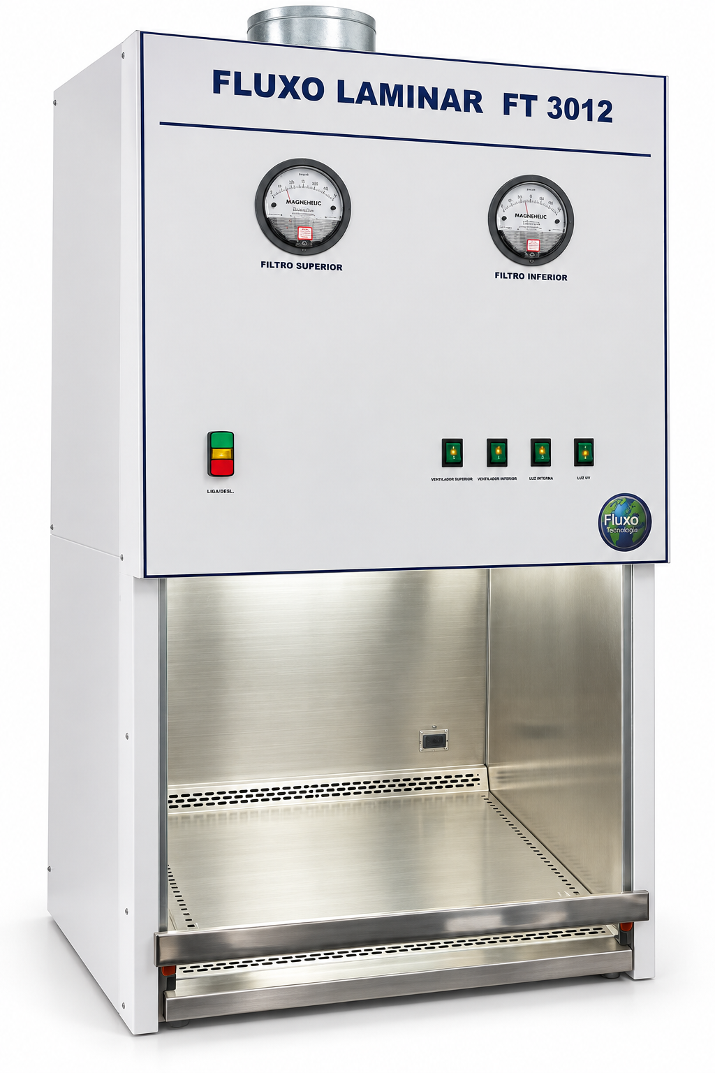 Cabine FT 3012 da Fluxo Tecnologia, com painel branco, dois manômetros e área de trabalho em inox