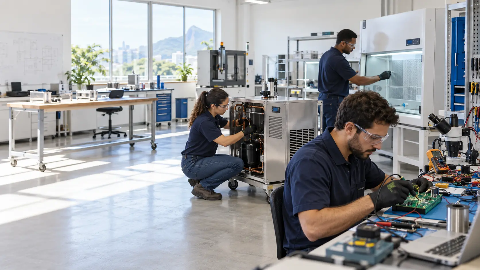Equipe técnica desenvolvendo e testando equipamentos laboratoriais