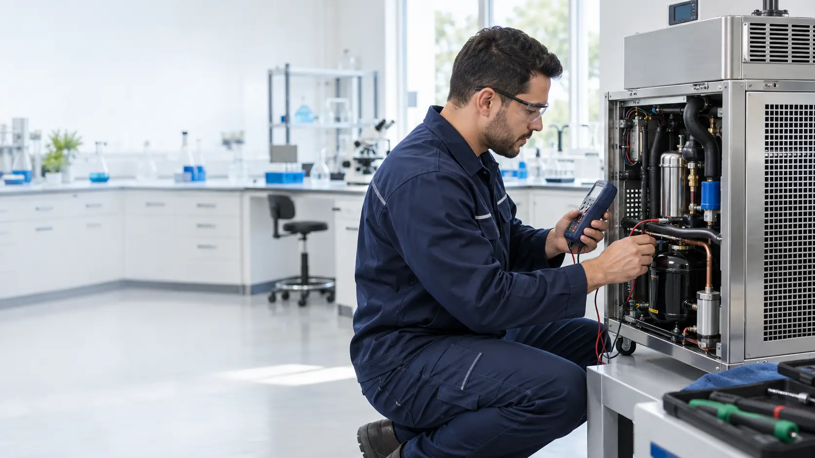 Técnico realizando manutenção em equipamento de laboratório